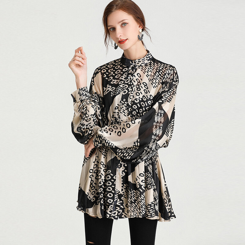 Camicie casual allentate da donna di grandi dimensioni 2021 primavera nuova moda manica a pipistrello Plus Size colletto alla coreana raccogliere camicia in Chiffon in vita