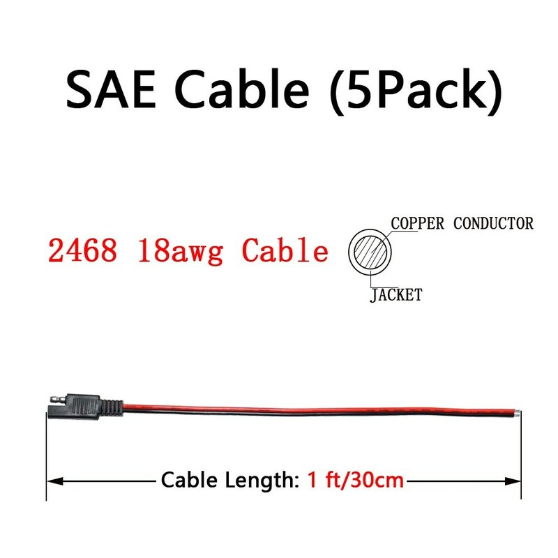 SAE 전원 자동차 연장 케이블, SAE 커넥터 케이블, 빠른 분리 연장 케이블, 18AWG, 30cm, 2 핀, 5 개