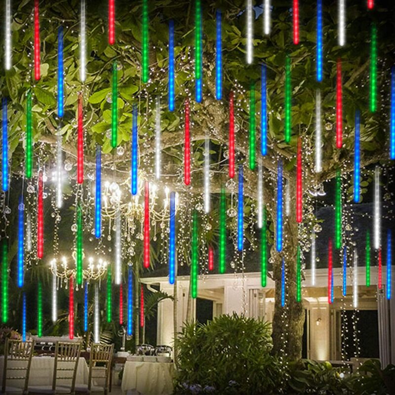 Tira de luces LED impermeables para decoración navideña, tira de luces de 30cm, 50cm y 8 tubos de lluvia de meteoros, y el hogar para el árbol, enchufe europeo y estadounidense