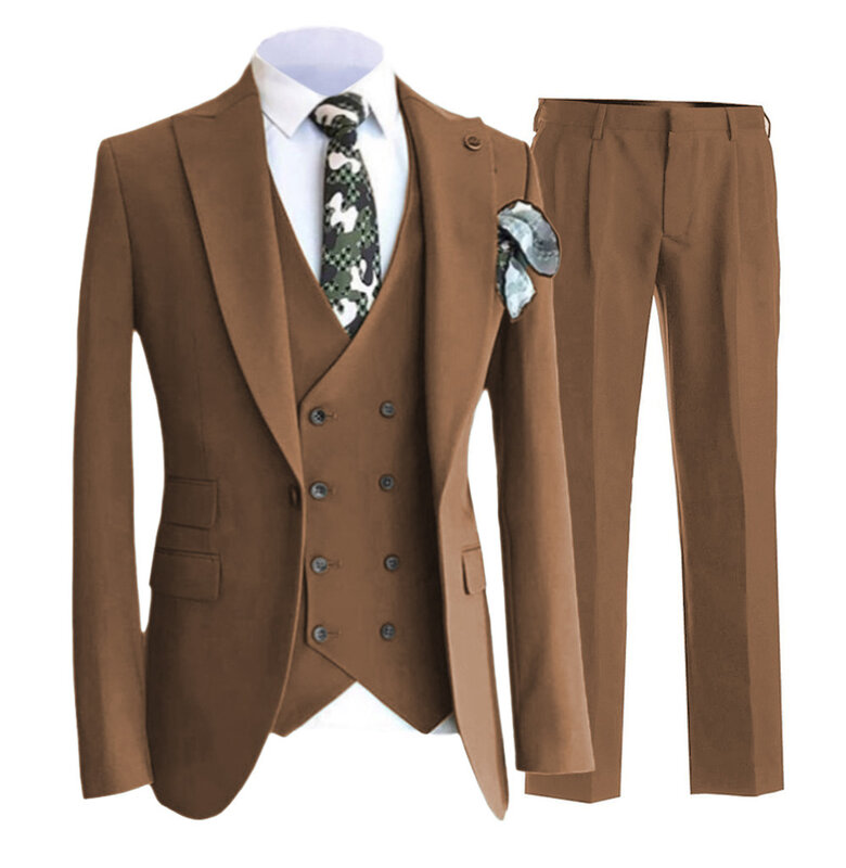 SOLOVEDRESS – costume marron Slim à Double revers pour homme, veste + gilet + pantalon, à personnaliser, pour réunion d'affaires, mariage, marié