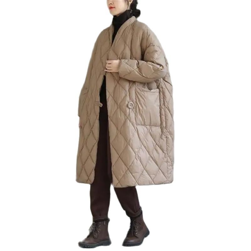 Jaket wanita musim dingin, 2023 wanita musim gugur musim dingin longgar kerah berdiri warna Solid kisi panjang menengah atas lutut hangat bawah jaket empuk a418