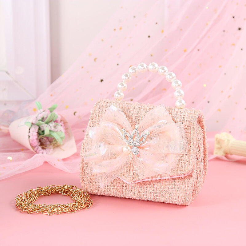 Children's Crown Shoulder Bag Shinny Crystal Pack Kids Girls Lace Bowknot Square Pocket Detachable Chain Pearl Handbag
