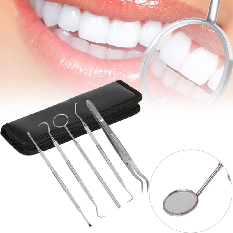 Juego de 5 piezas de acero inoxidable dentista cuidado Dental limpieza Dental Blanqueamiento Dental hilo Dental Kit de higiene Dental removedor de placa Set Den