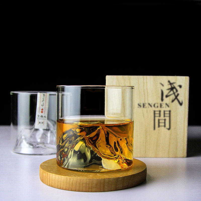 Vaso de hielo elevado con fondo de cristal para whisky, vaso con diseño de montaña para beber whisky, whisky, Scotch, cócteles o té, paquete de regalo