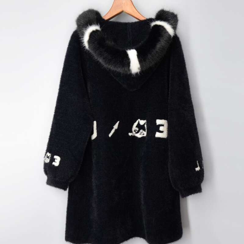 #7410 cappotto invernale in Mohair donna cappotto maglione lavorato a maglia Casual allentato con cappuccio lettere da donna Cardigan lungo caldo spesso Harajuku femminile