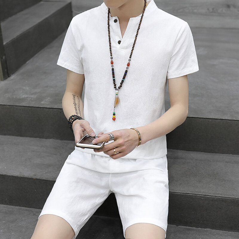 Chiński styl letni mężczyzna lniany strój Tang z krótkim rękawem koszulka z dekoltem w serek + spodenki odzież zestaw oddychające orientalne kostiumy