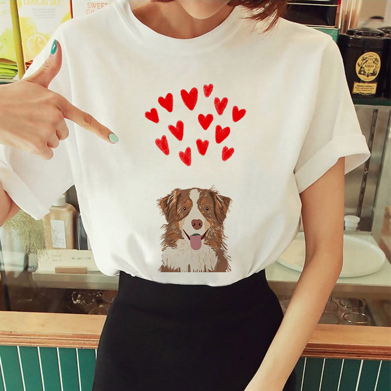 T-Shirt Musim Panas Gambar Kartun Kawaii Anak Anjing Atasan Sederhana Lengan Pendek Leher-o Kaus Grafis Hipster Putih Kasual 90-An