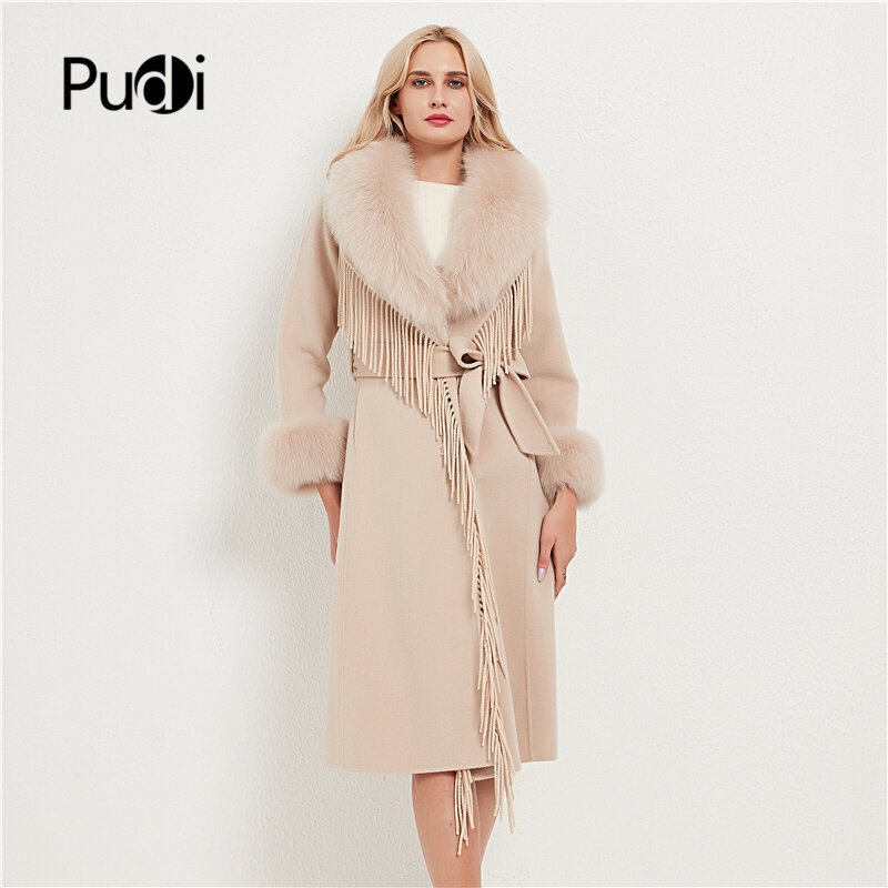Pudi Women Real Fur Coat Jacket Female Lady Wool Blends Fox Fur Collar Coats Jackets Long Trench CT034