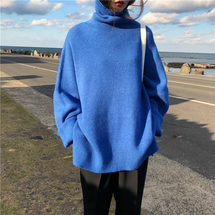 Jersey informal de cuello alto para mujer, jersey de manga larga con patrón, Tops de punto sólidos, azul, 2021