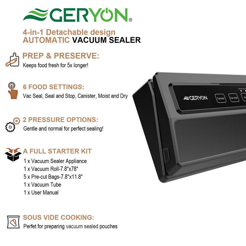Вакуумная упаковочная машина GERYON Sous Vide, вакуумный упаковщик для хранения пищевых продуктов, в комплекте рулон шлангов и вакуумные пакеты