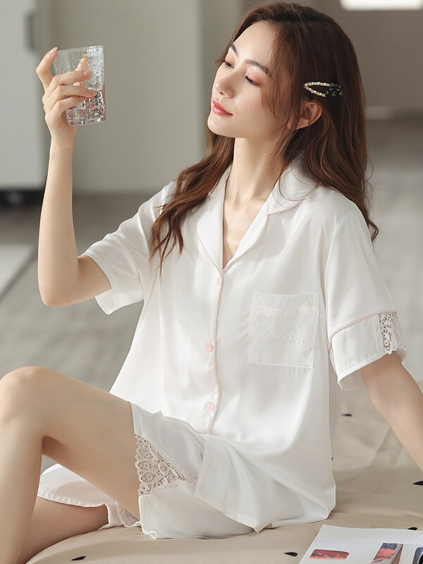 Conjunto de pijama de verão de cetim feminino, pijama branco de seda fina com renda