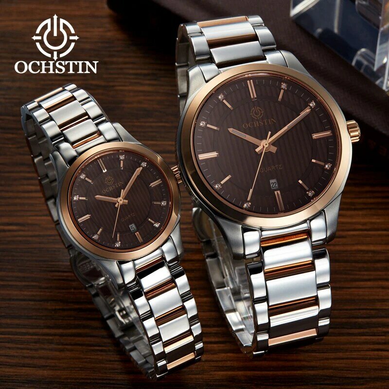 Ochstin นาฬิกาคู่รักนาฬิกาคู่หรูหราแบรนด์ชั้นนำสำหรับผู้หญิงผู้ชายควอตซ์ข้อมือสแตนเลสแฟชั่นลำลองกันน้ำ