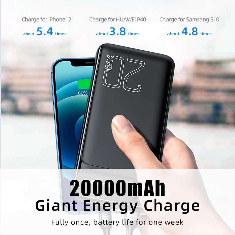 Banco de potência de carregamento rápido Essager, bateria externa, carregador portátil para iPhone, Powerbank 20000 mAh, PD 20W