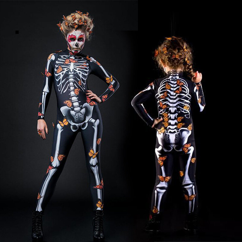 3D Skeleton Adult Kids Scary Costume Halloween Dress Cosplay Sexy Jumpsuit Carnival Party Baby Girl Rompers Day of The Dead