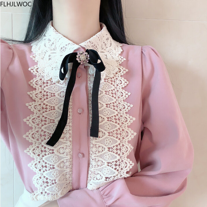 Chemisier Vintage en dentelle avec nœud papillon pour femme, vêtement de bureau, simple boutonnage, couleur unie, blanc, rose