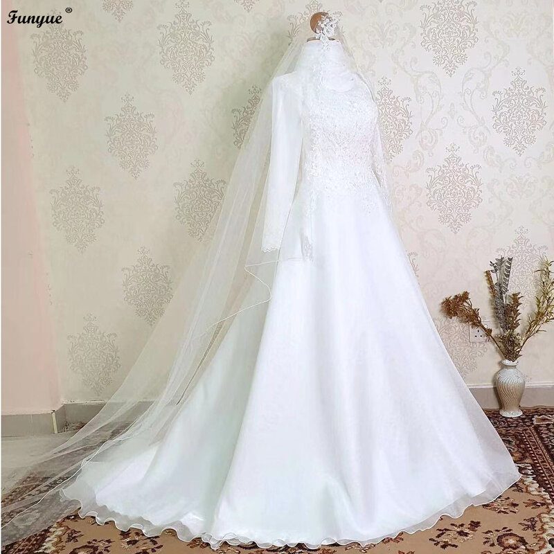 Muçulmano mangas compridas vestido de casamento para a noiva com véus real foto rendas a linha vestidos de novia maldives vestidos de noiva 2022