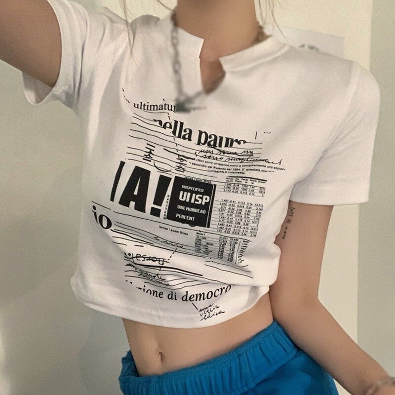 Camiseta ajustada de manga corta con ombligo descubierto para mujer, camisetas con estampado de letras y cuello en V, camisetas cómodas de estilo coreano de verano