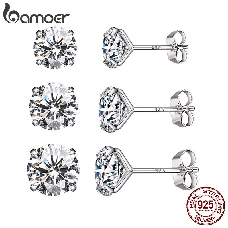 bamoer 3 Pairs Stud Earrings Set 925 Sterling Silver Stone CZ Minimalist Dazzling Fashion Earrings 4mm 5mm 6mm Diameter BSE166