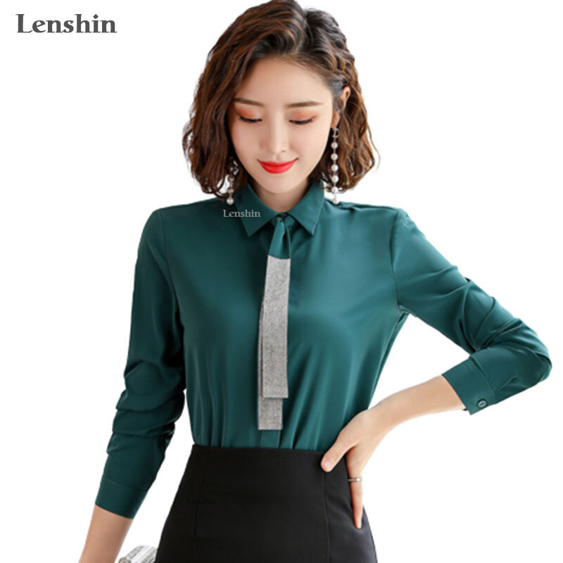Lenshin Patchwork tie Shirts for Women Loose Blouse Fashion Work Wear Office Lady Female Tops Chemise Loose style