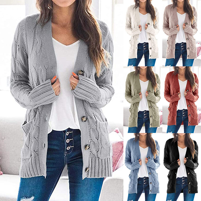 New women's sweater cardigan V-neck single-breasted long-sleeved sweater solid color coat in autumn and winter 2020