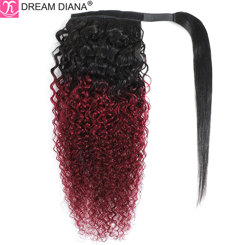 DreamDiana-Cola de Caballo rizada brasileña para mujer, cabello humano rizado Ombre Remy, extensión de cabello con Clip de cola de caballo con cordón envolvente