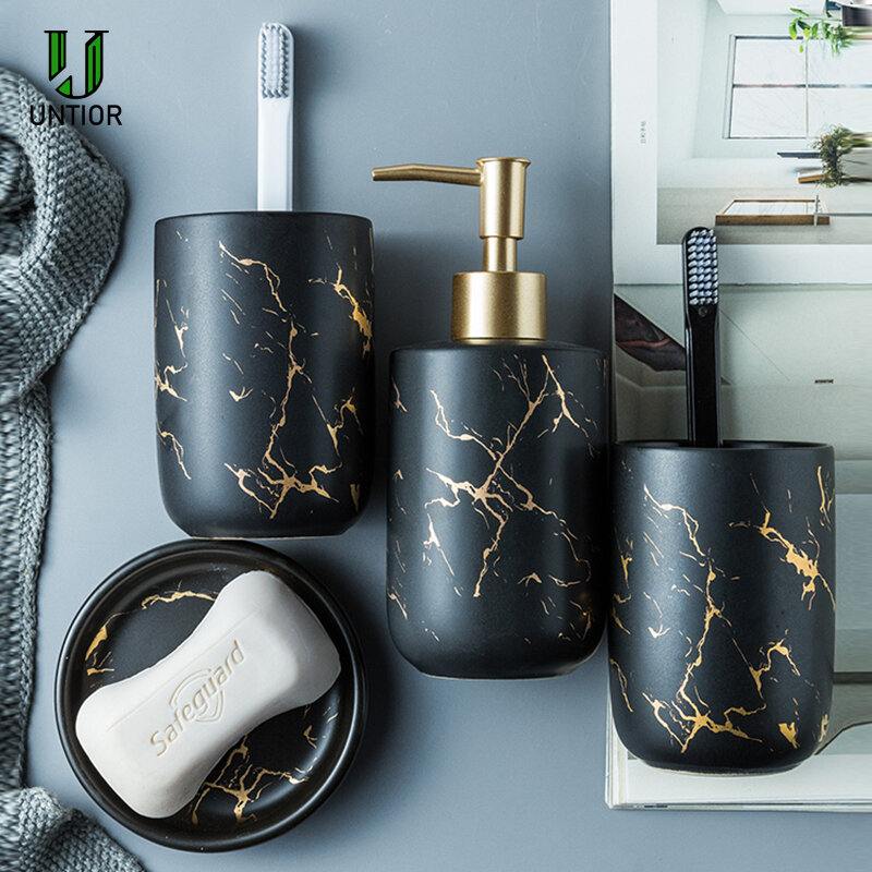 UNTIOR – ensemble d'accessoires de salle de bain en céramique, avec motif marbré, outils de lavage de la bouche, tasse de savon, porte-brosse à dents, fournitures de salle de bains