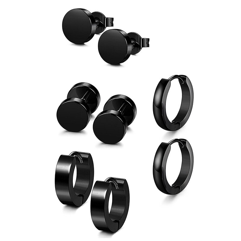 Paar schwarze Unisex-Ohrringe Set Edelstahl Piercing Creolen für Männer Frauen Gothic Street Pop Hip Hop Kreis Ohrring