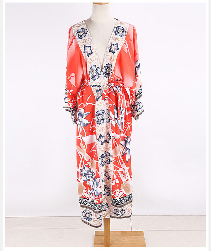 Fitshinling-Kimono holgado de talla grande para playa, Kimono estampado Vintage Floral, Bikini para vacaciones, Chaqueta larga holgada, abrigo naranja 2020