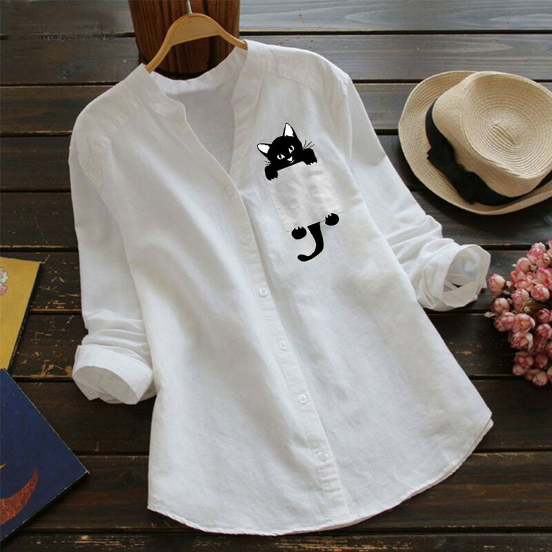 Женская хлопковая льняная блузка с принтом кошек и карманами, Повседневная рубашка с V-образным вырезом и длинными рукавами, топ на пуговицах, 2021