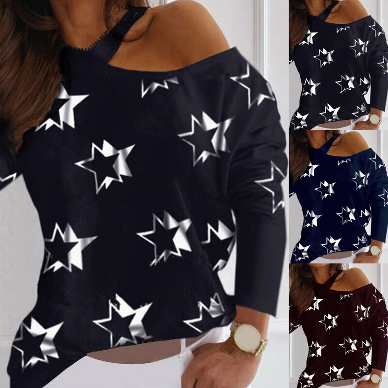 Блузка женская с вырезами, пикантная блузка из полиэстера с длинным рукавом и принтом звезд, на одно плечо, халтер, уличная одежда, 2021
