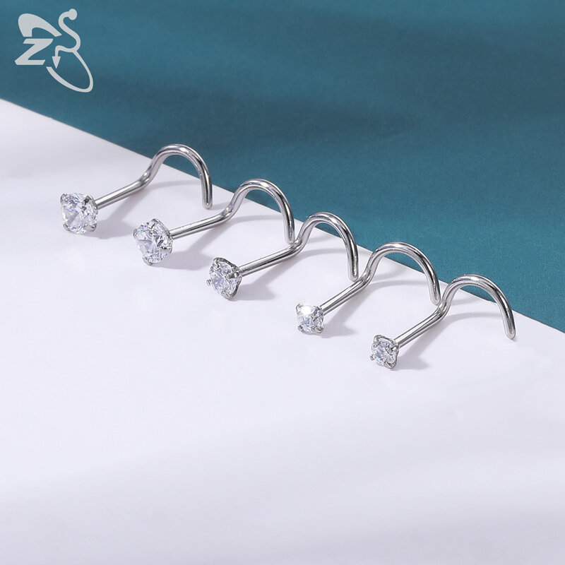 ZS 4-12pcs/lot Round CZ Crystal Nose Stud Set 20g Stainless Steel Nose Retainers Pin L Shape Nostril Piercing Jewelry 1.5-4mm