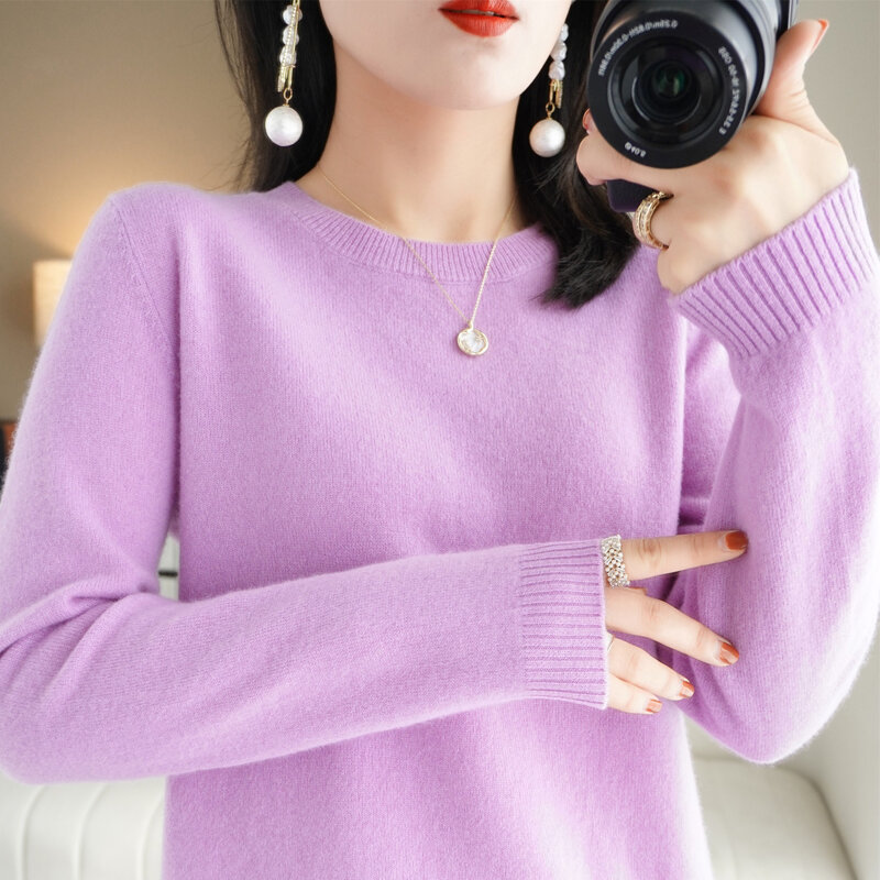 女性の長袖ニットセーター,ベーシックなラウンドネックのゆったりとしたセーター,無地,秋冬の新作コレクション2021