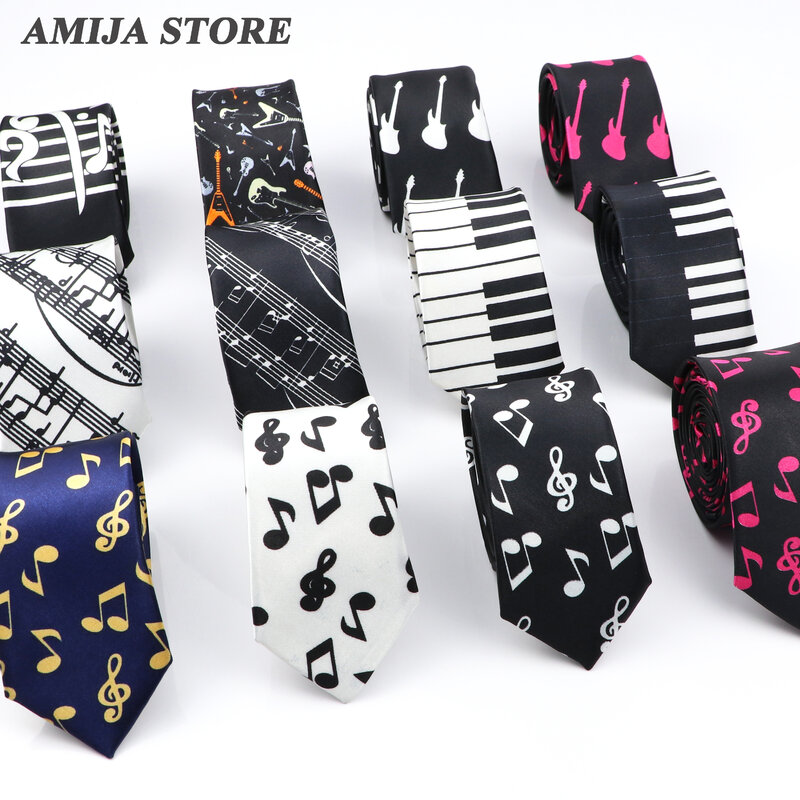 Corbata delgada Musical para hombre, diseño de notas coloridas impresas, llave de Piano, sonrisa, guitarra de poliéster, corbata de 5cm de ancho, accesorio de regalo para fiesta