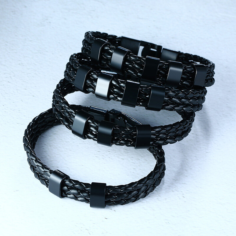Vnox Personaliseer Familie Naam Armbanden Voor Mannen Zwart Gelaagde Gevlochten Leer Met Rvs Charms Custom Kerstcadeau