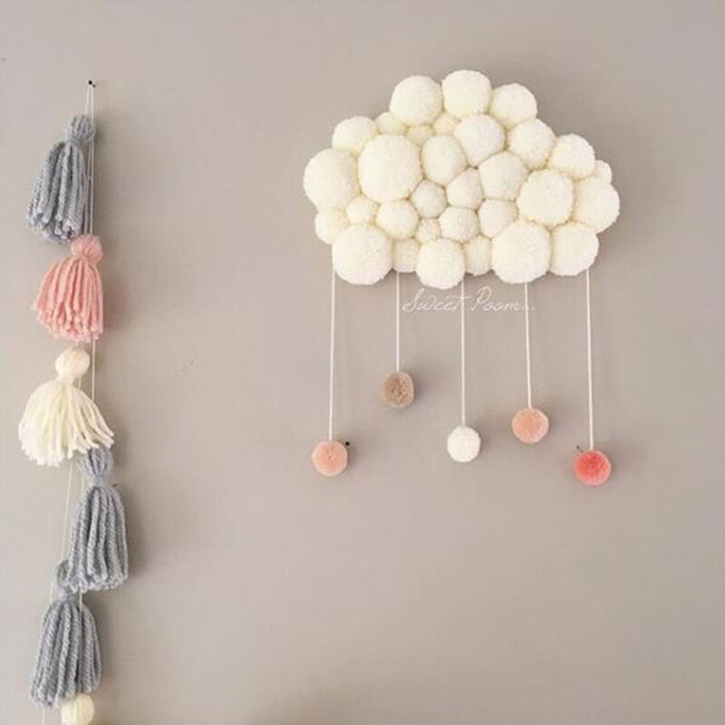 Bola de pompón de piel para decoración de habitación de bebé, adorno colgante de pared con forma de nube, calcomanía para habitación de niños, accesorios para fotos