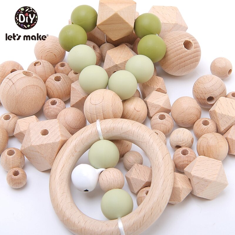 Let's Make-mordedor de madera hexagonal de haya, cuentas redondas de 12-30mm, sonajero para bebé, juguetes de madera, 100 unidades