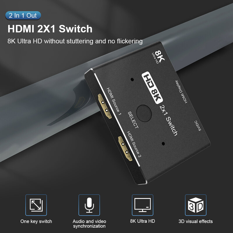 2 Dalam 1 dari HDMI-Kompatibel 2.1 Beralih Ultra HD 8K @ 60Hz 4K @ 120Hz Splitter Switcher dengan Tombol Saklar untuk 2 Sumber Ke 1 Layar