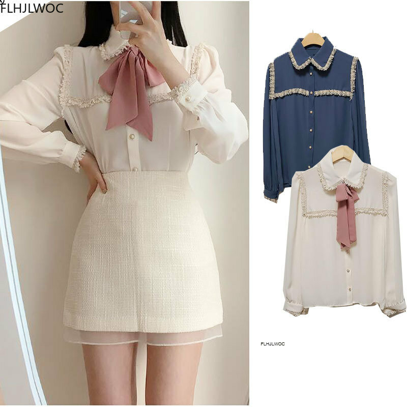 Outono 2020 blusa feminina com laço fofo estilo vintage japoneses estilo coreano camisa branca formal elegante com botões