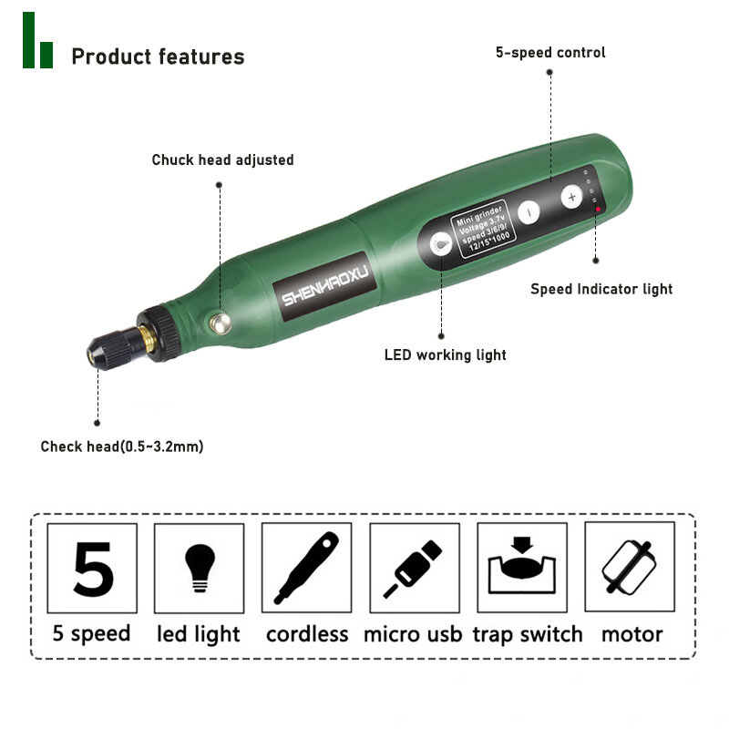 Draadloze Grinder Elektrische Boor 5-Speed Verstelbare Graveren Pen Snijden Boren Polijsten Rotary Tool Met Dremel Accessoires
