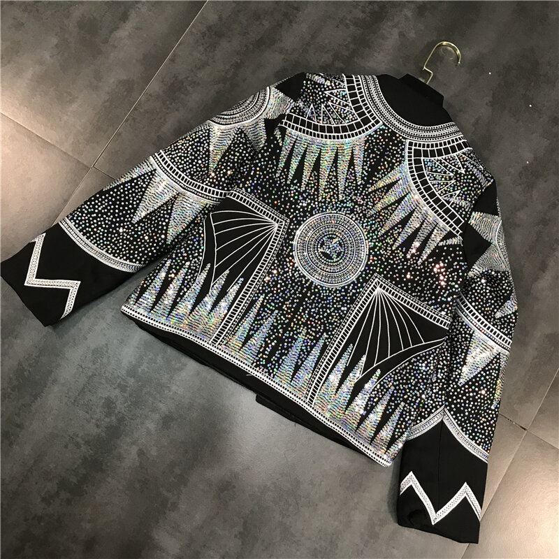 Chaqueta brillante con lentejuelas plateadas para mujer, cazadora geométrica con cuello redondo, abrigo bordado, ropa informal, 2022