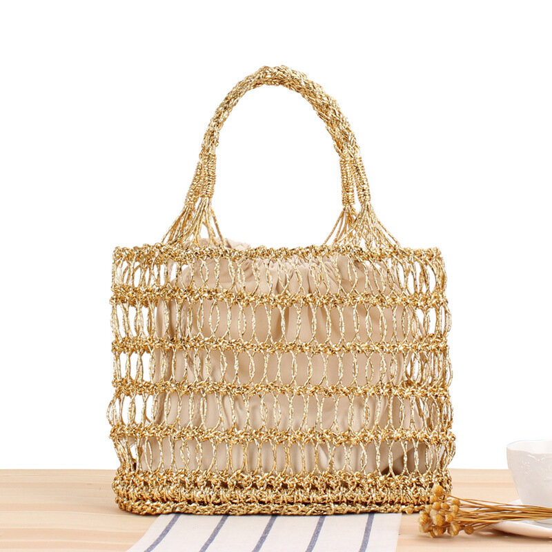 MetallicYarn Hollow Out Hand Crocheting Woven Trendy Beach Portable Straw Weaved Bag