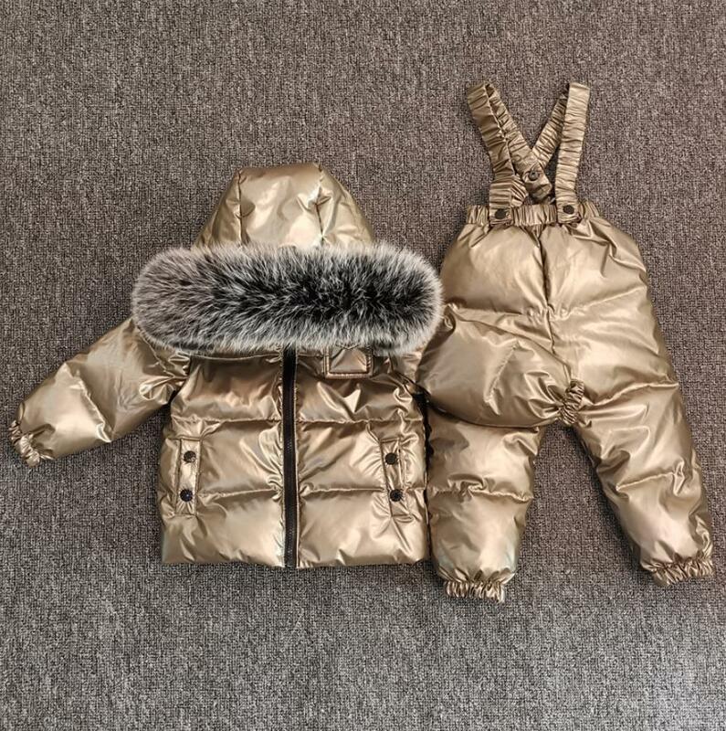 Nowa zimowa grubsza dziecięca puchowa kurtka kombinezon ogólny duży kołnierz z prawdziwego futra dziecięcy kombinezon narciarski chłopcy dziewczęta ciepła kurtka srebrna ws1876
