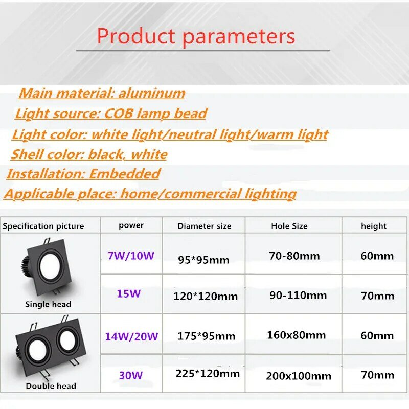 Plafoniera a LED bianca nera da incasso quadrata lucida dimmerabile LED COB7W 10W 14W 20W Decor AC85-265V