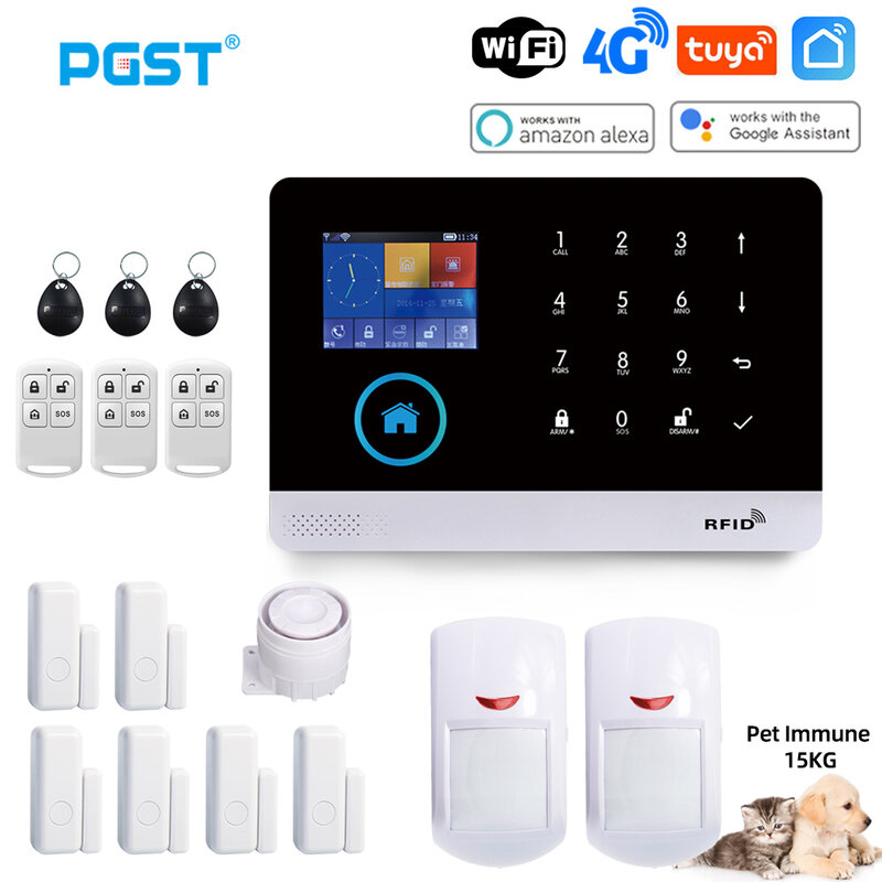 Sistema de alarma PGST PG103 Wifi 4G Tuya con Sensor de movimiento inmune para mascotas, cámara IP inalámbrica, seguridad para el hogar, compatible con Alexa, enchufe europeo