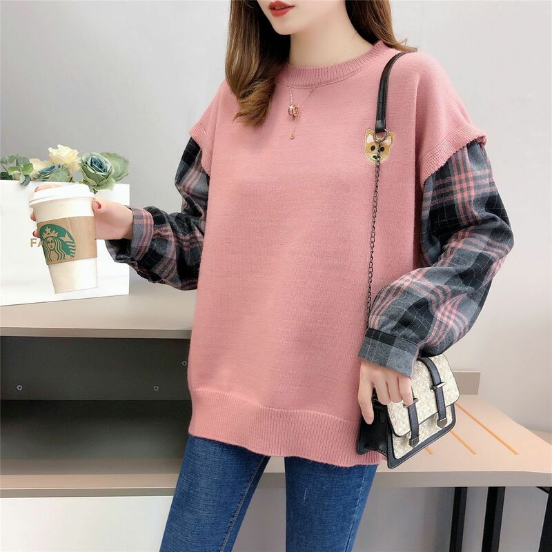 Spring Autumn Style Fake Two-piece Knitted Sweater Pullover Lady Casual Turn-down Collar Long Sleeve Knitted Pullover