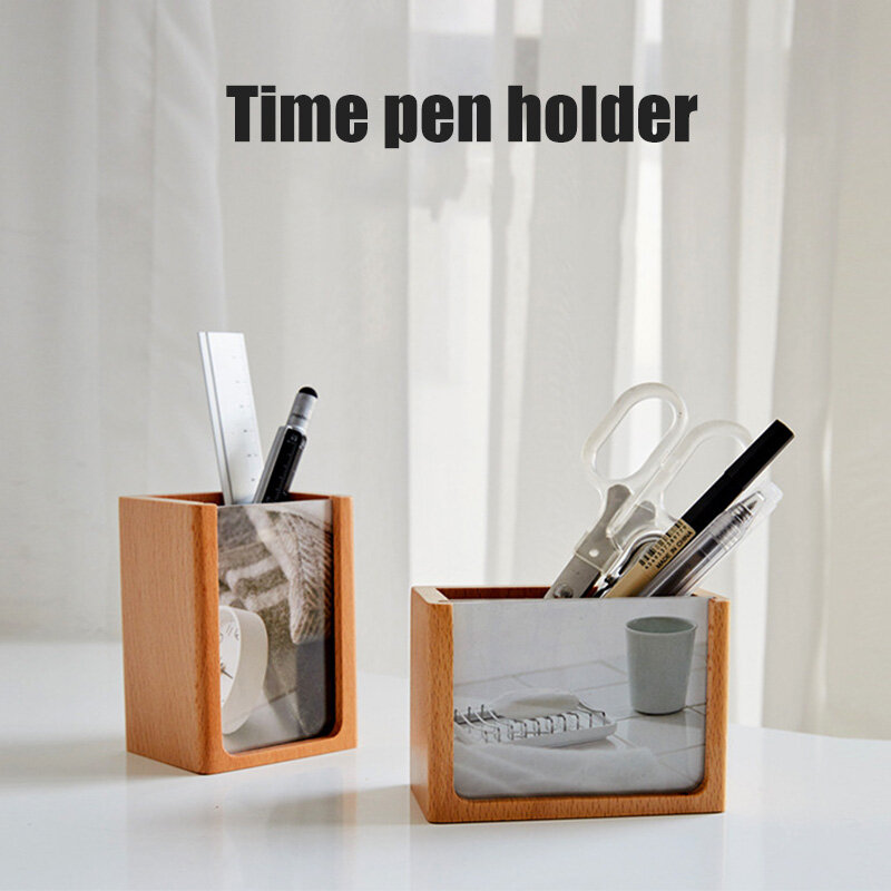 Wooden Pen Holder with Photo Frame Desk Stationery Organizer Beech Handmade Pencil Cosmetics Holder Органайзер канцелярский