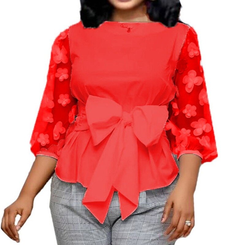 Blusa feminina branca de trabalho e escritório, camiseta plus size para mulheres, de malha com laço em flor, moda elegante, verão 2020