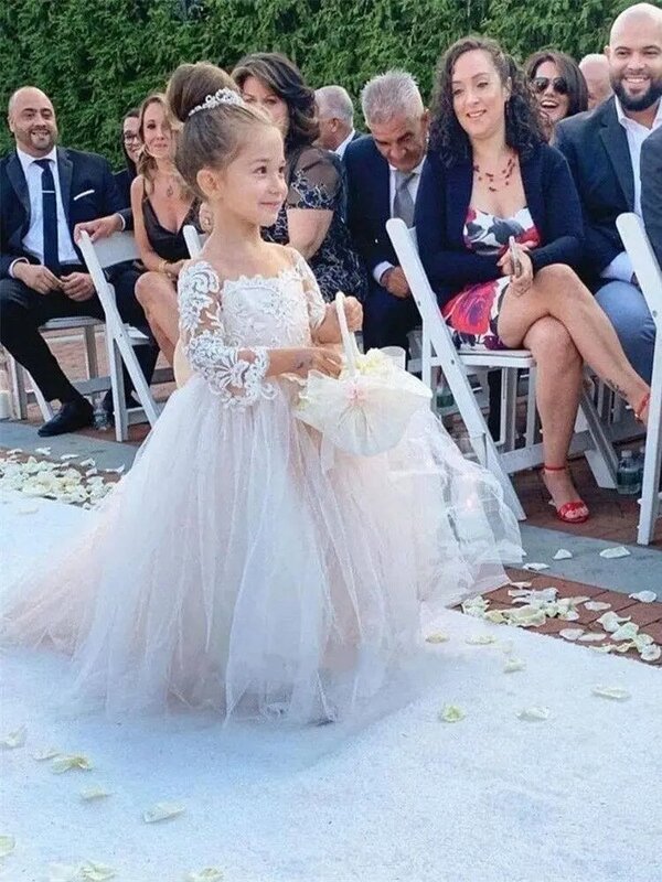 Śliczna suknia balowa łuk z powrotem kwiat dziewczyna sukienki na ślub aplikacje z długim rękawem księżniczka tiulowa dziewczyna uroczysta sukienka Vestido