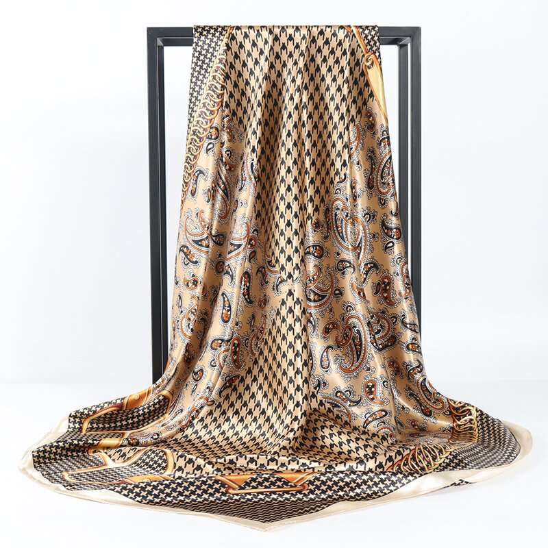 Женский дизайнерский платок винтажный шёлковый шарф 90*90 см, Мягкая атласная шаль с квадратным вырезом, бандана