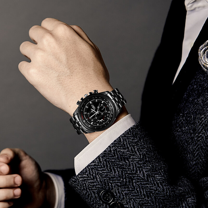 ROSRA-relojes deportivos de acero inoxidable para hombre, cronógrafo de pulsera militar informal, color negro